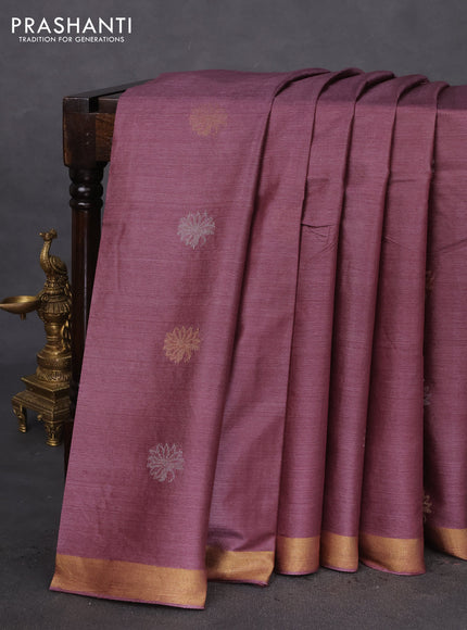 Banana silk saree wine shade with silver & gold zari woven floral buttas and zari woven border