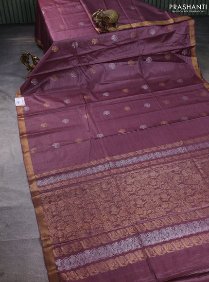 Banana silk saree wine shade with silver & gold zari woven floral buttas and zari woven border