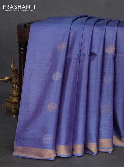 Banana silk saree blue shade with silver & gold zari woven floral buttas and zari woven border