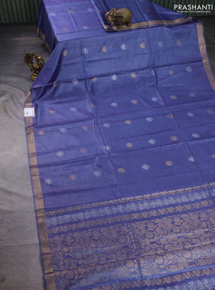 Banana silk saree blue shade with silver & gold zari woven floral buttas and zari woven border