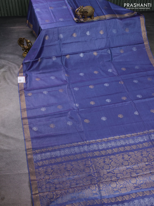 Banana silk saree blue shade with silver & gold zari woven floral buttas and zari woven border