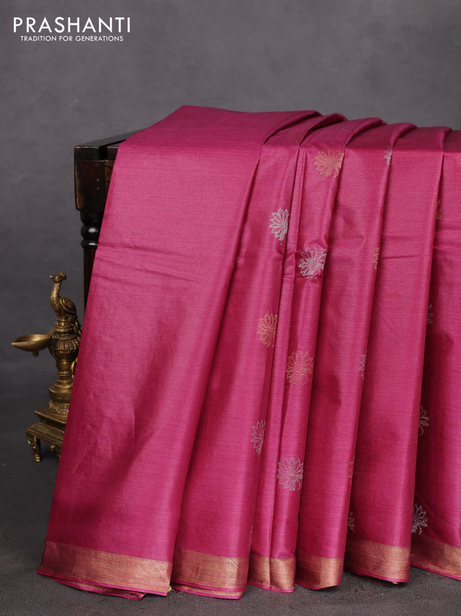 Banana silk saree magenta pink with silver & gold zari woven floral buttas and zari woven border