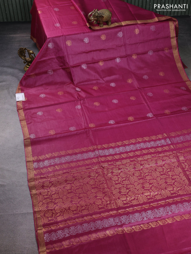 Banana silk saree magenta pink with silver & gold zari woven floral buttas and zari woven border