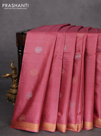 Banana silk saree pink shade with silver & gold zari woven floral buttas and zari woven border