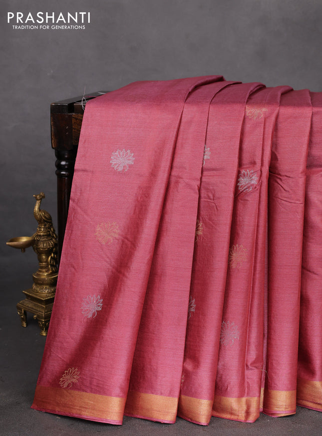 Banana silk saree pink shade with silver & gold zari woven floral buttas and zari woven border