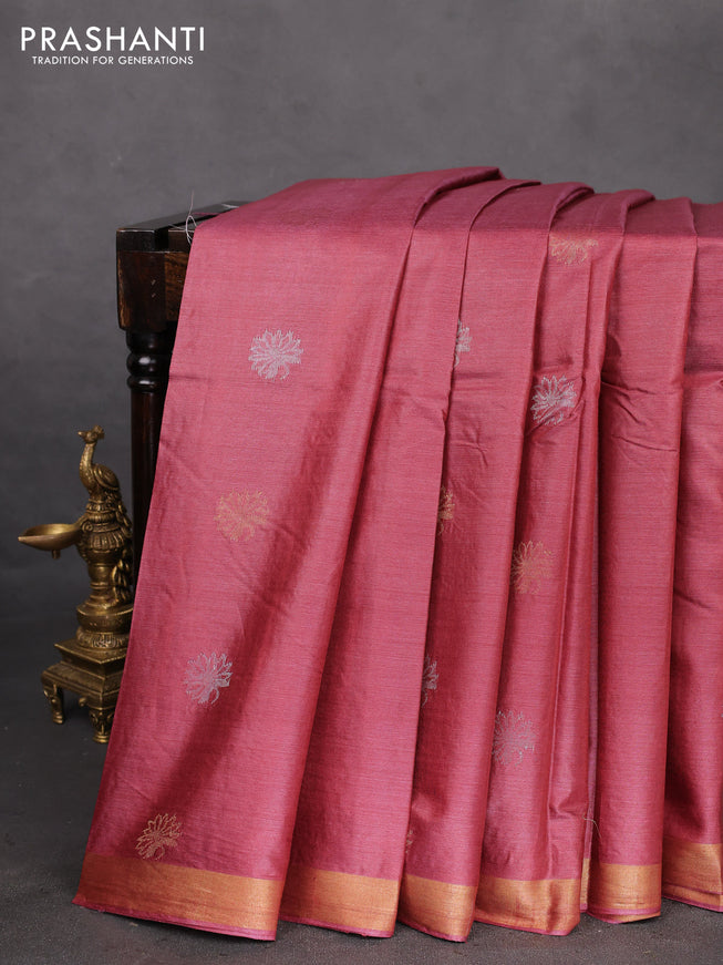 Banana silk saree pink shade with silver & gold zari woven floral buttas and zari woven border