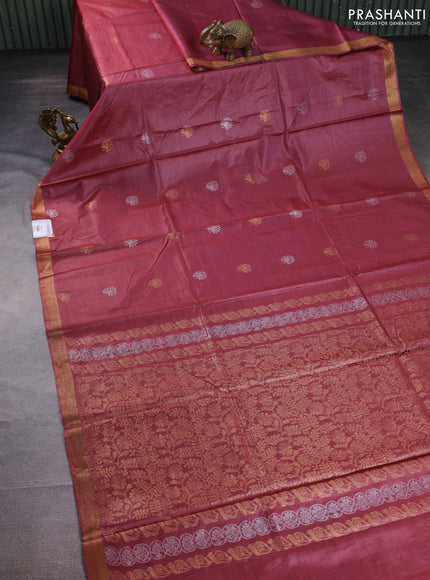 Banana silk saree pink shade with silver & gold zari woven floral buttas and zari woven border