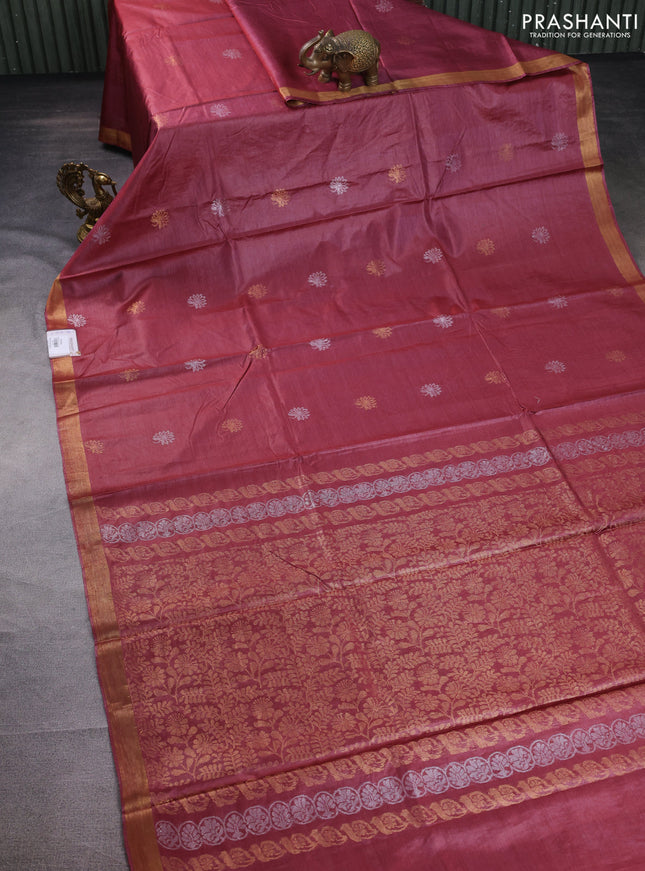 Banana silk saree pink shade with silver & gold zari woven floral buttas and zari woven border