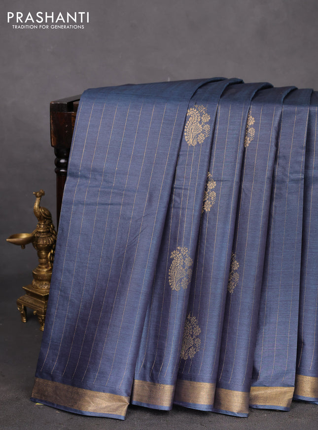 Banana silk saree dark grey with allover zari weaves & buttas and zari woven border
