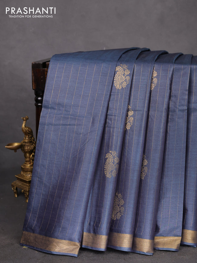 Banana silk saree dark grey with allover zari weaves & buttas and zari woven border