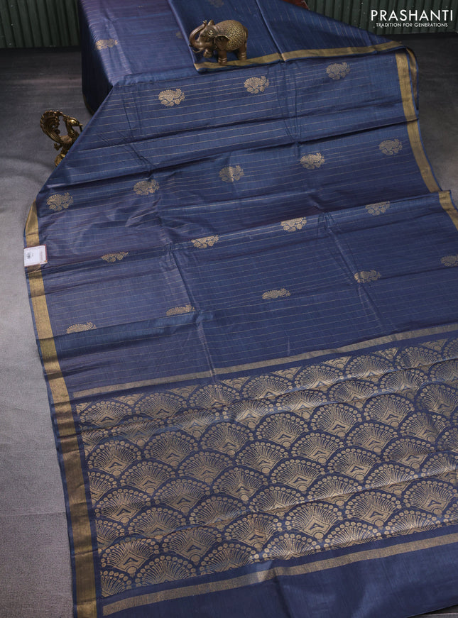 Banana silk saree dark grey with allover zari weaves & buttas and zari woven border