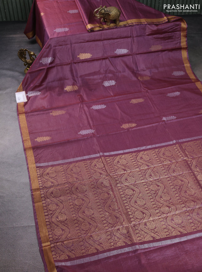 Banana silk saree wine shade with silver & gold zari woven buttas and zari woven border
