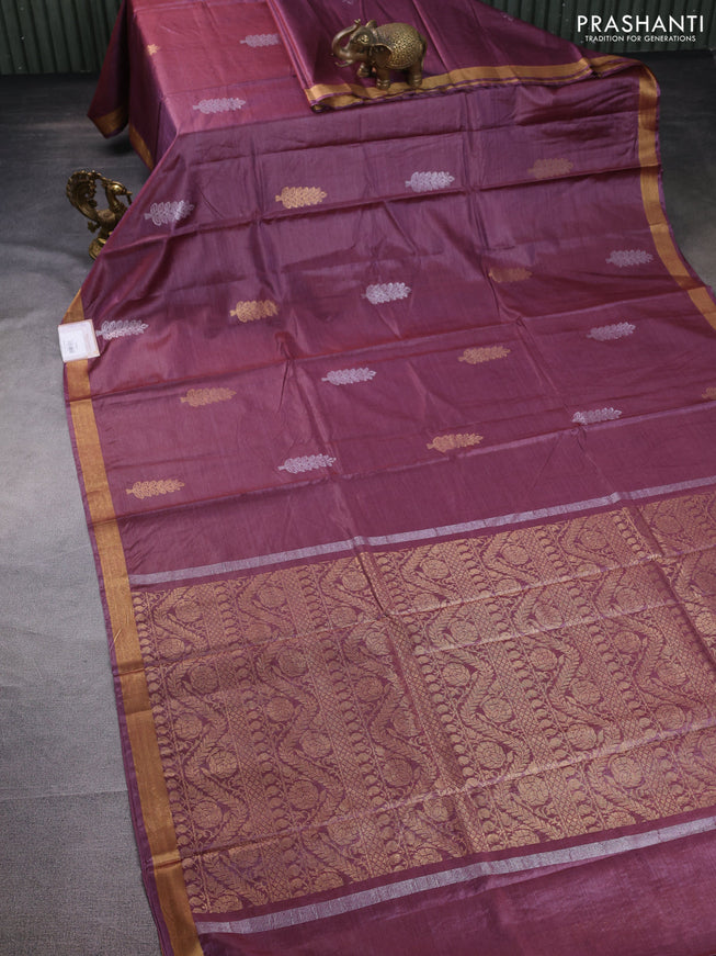Banana silk saree wine shade with silver & gold zari woven buttas and zari woven border