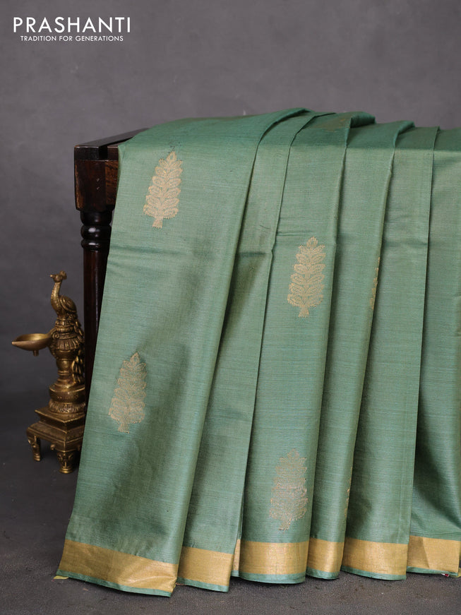 Banana silk saree sap green with silver & gold zari woven buttas and zari woven border