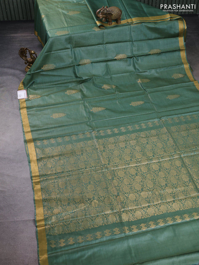 Banana silk saree sap green with silver & gold zari woven buttas and zari woven border