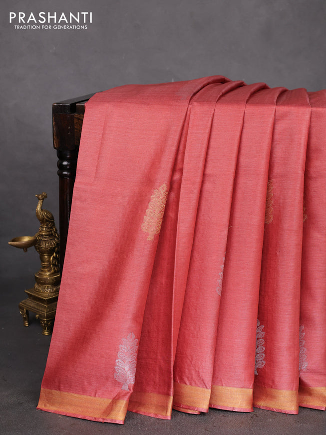 Banana silk saree rust shade with silver & gold zari woven buttas and zari woven border