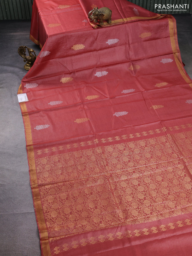 Banana silk saree rust shade with silver & gold zari woven buttas and zari woven border