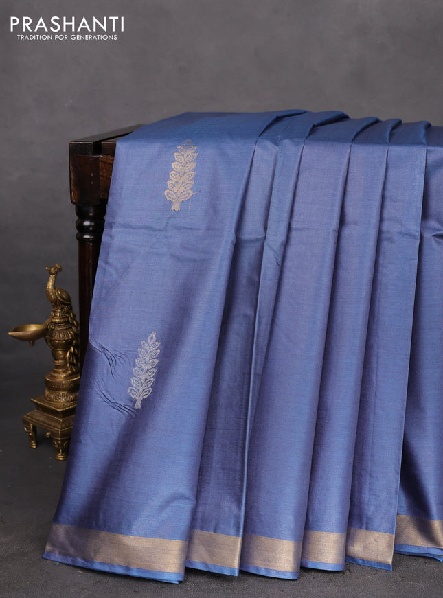 Banana silk saree blue shade with silver & gold zari woven buttas and zari woven border