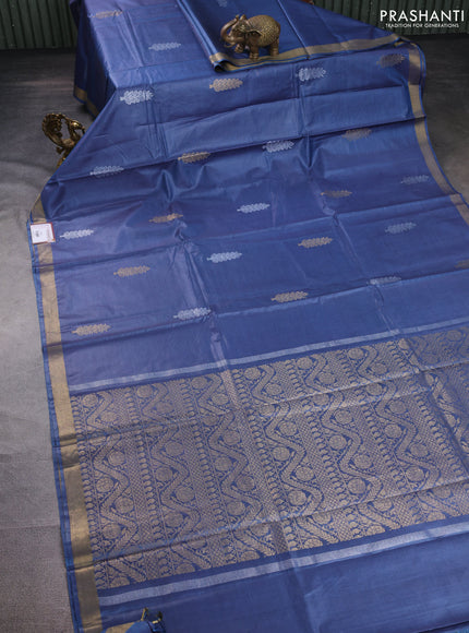 Banana silk saree blue shade with silver & gold zari woven buttas and zari woven border
