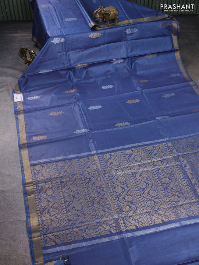 Banana silk saree blue shade with silver & gold zari woven buttas and zari woven border