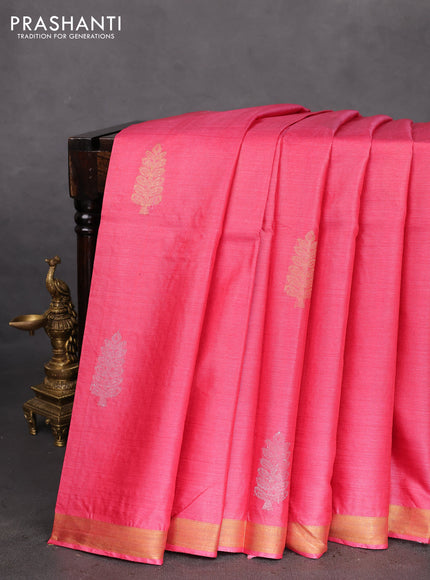 Banana silk saree pink with silver & gold zari woven buttas and zari woven border