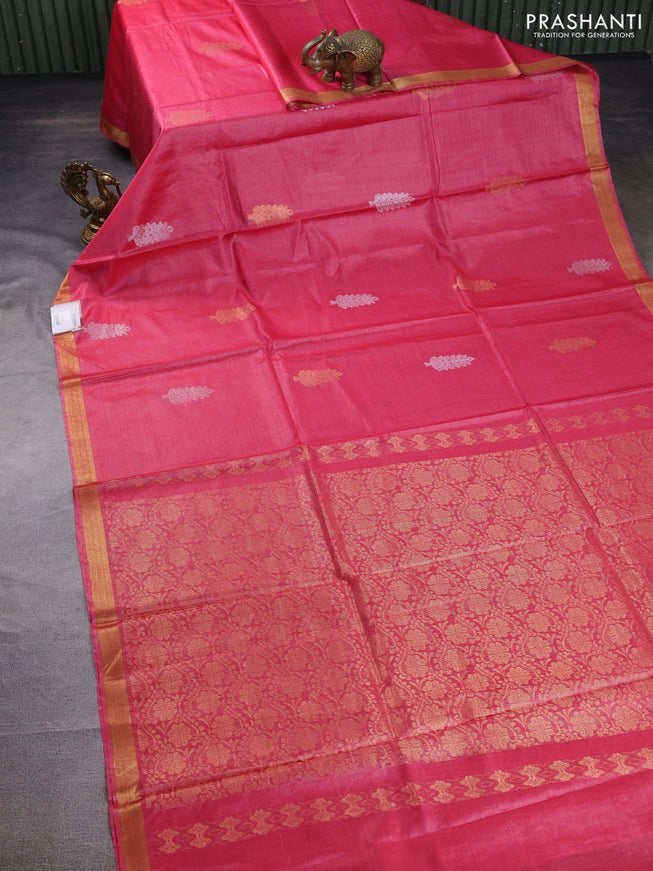 Banana silk saree pink with silver & gold zari woven buttas and zari woven border