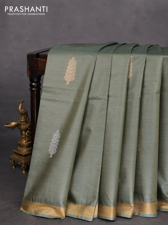 Banana silk saree sap green with silver & gold zari woven buttas and zari woven border