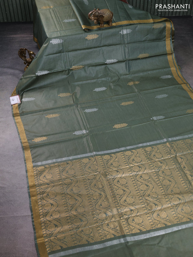 Banana silk saree sap green with silver & gold zari woven buttas and zari woven border