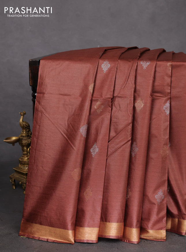 Banana silk saree rust shade with silver & gold zari woven buttas and zari woven border