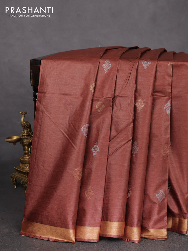 Banana silk saree rust shade with silver & gold zari woven buttas and zari woven border