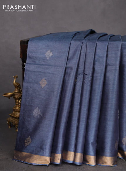 Banana silk saree peacock blue with silver & gold zari woven buttas and zari woven border