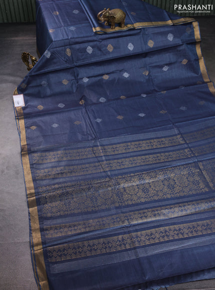 Banana silk saree peacock blue with silver & gold zari woven buttas and zari woven border