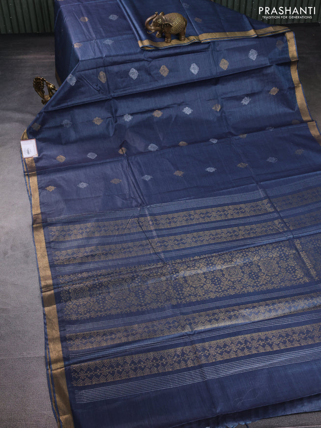 Banana silk saree peacock blue with silver & gold zari woven buttas and zari woven border