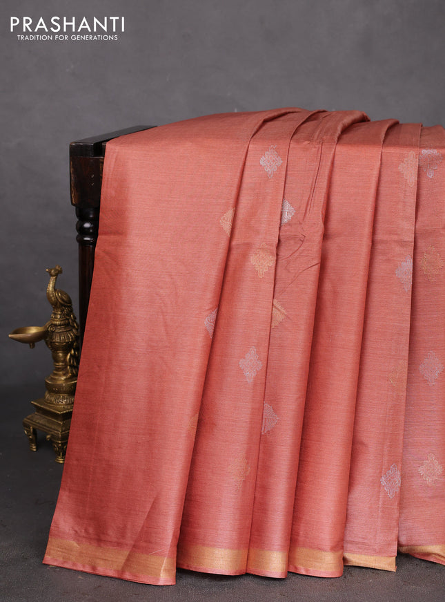 Banana silk saree rust shade with silver & gold zari woven buttas and zari woven border