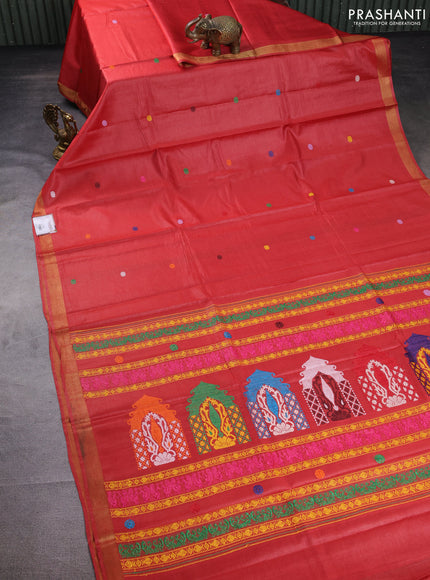 Banana silk saree red shade with thread woven buttas and zari woven border