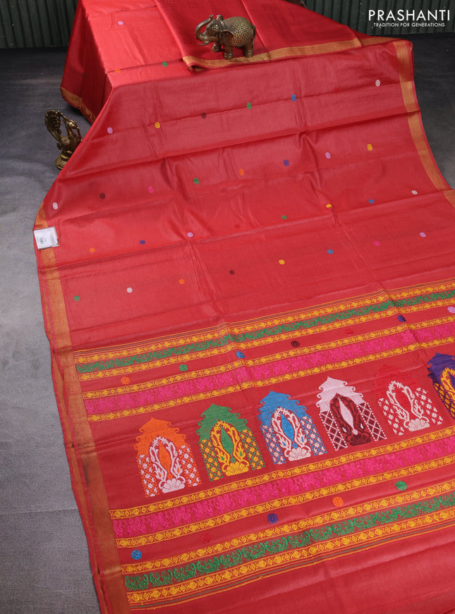 Banana silk saree red shade with thread woven buttas and zari woven border