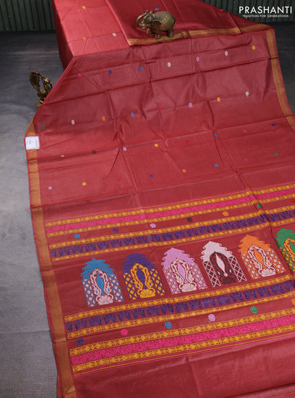 Banana silk saree rust shade with thread woven buttas and zari woven border