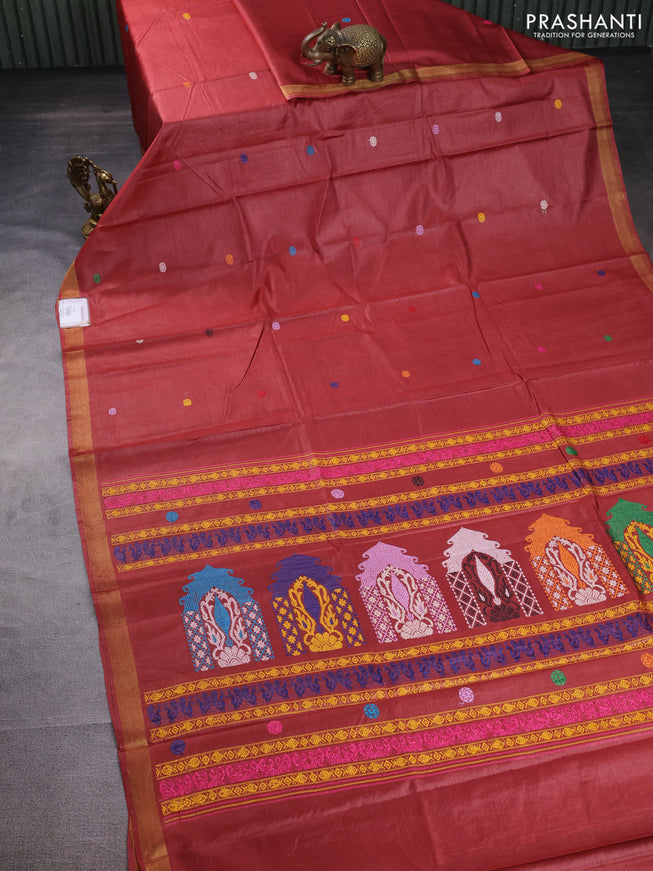 Banana silk saree rust shade with thread woven buttas and zari woven border