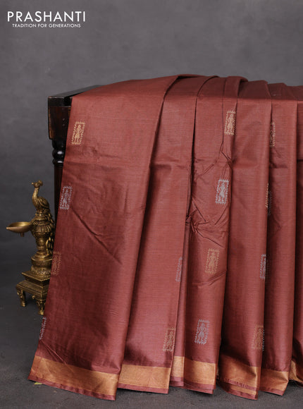 Banana silk saree rustic brown with silver & gold zari woven buttas and zari woven border