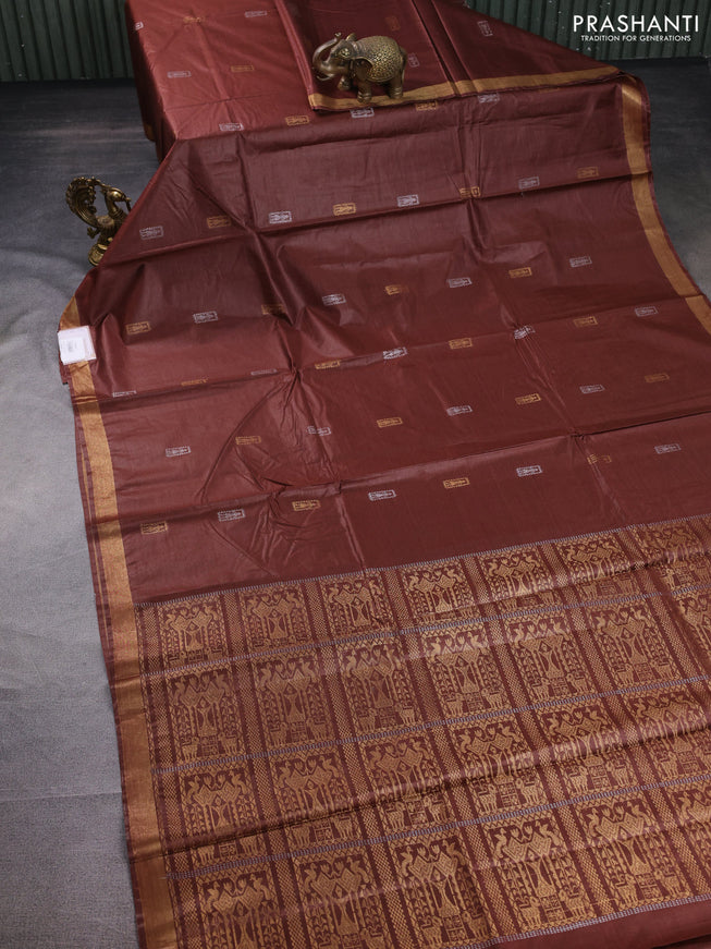 Banana silk saree rustic brown with silver & gold zari woven buttas and zari woven border