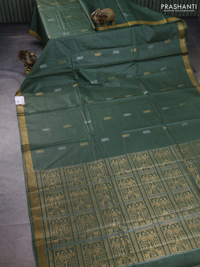 Banana silk saree sap green with silver & gold zari woven buttas and zari woven border