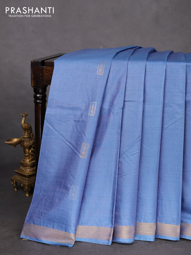 Banana silk saree blue shade with silver & gold zari woven buttas and zari woven border