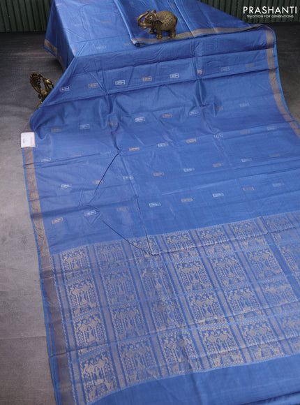 Banana silk saree blue shade with silver & gold zari woven buttas and zari woven border