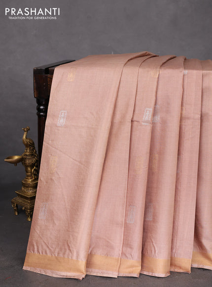 Banana silk saree beige with silver & gold zari woven buttas and zari woven border