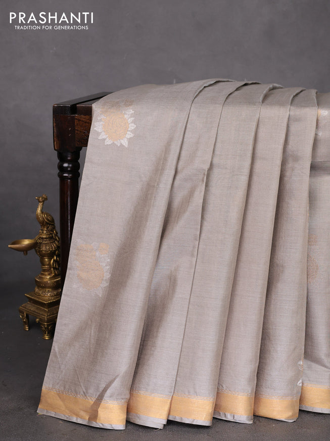 Banana silk saree grey with silver & gold zari woven floral buttas and zari woven border