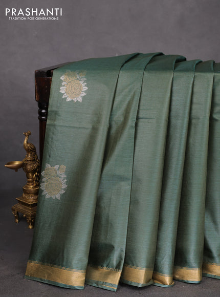 Banana silk saree green with silver & gold zari woven floral buttas and zari woven border