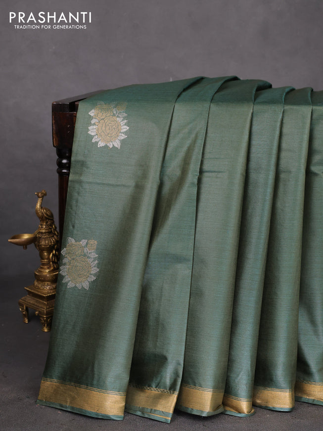 Banana silk saree green with silver & gold zari woven floral buttas and zari woven border