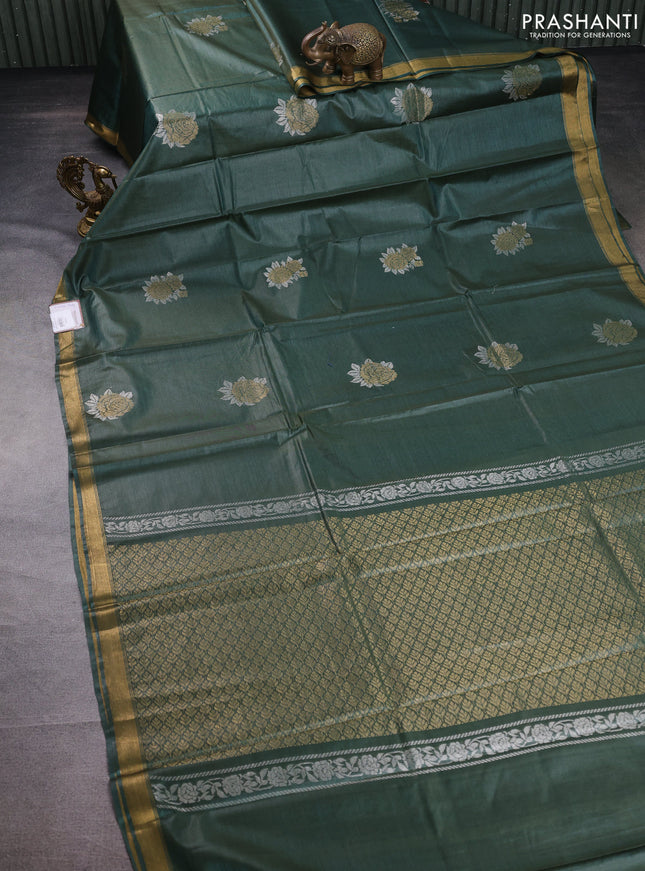 Banana silk saree green with silver & gold zari woven floral buttas and zari woven border