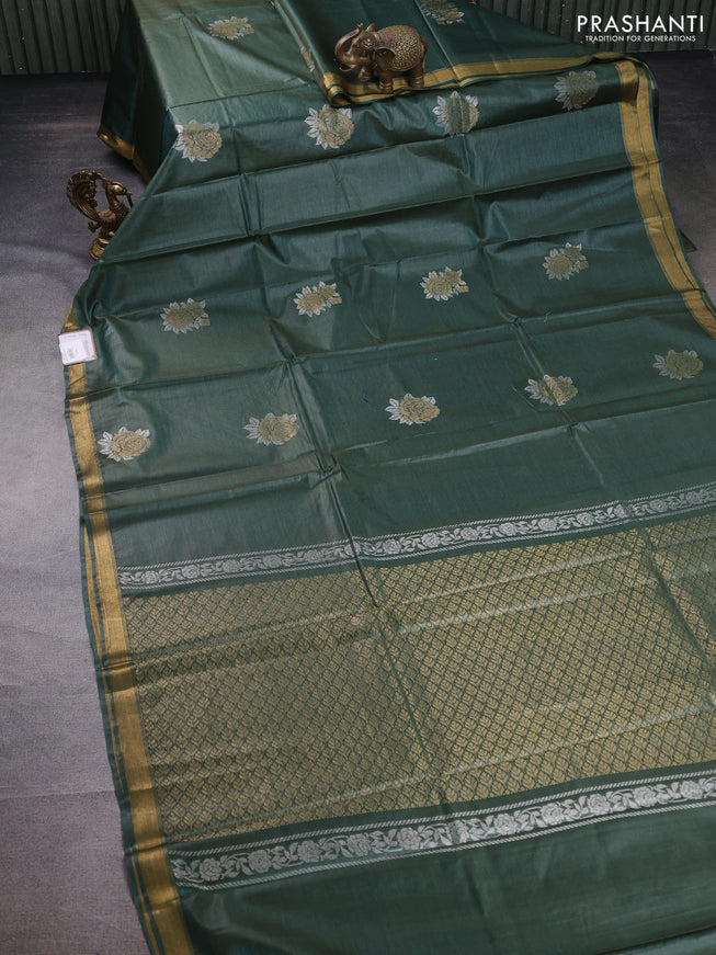 Banana silk saree green with silver & gold zari woven floral buttas and zari woven border