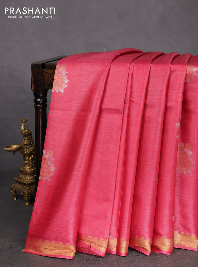 Banana silk saree pink shade with silver & gold zari woven floral buttas and zari woven border